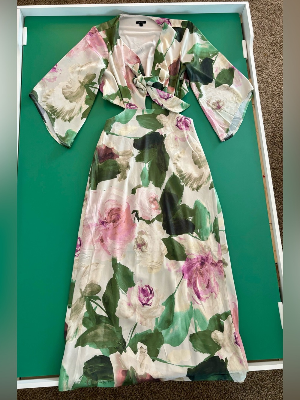 Express Women Size XS Floral Midi Dress with tie front in Pink, Green, Cream